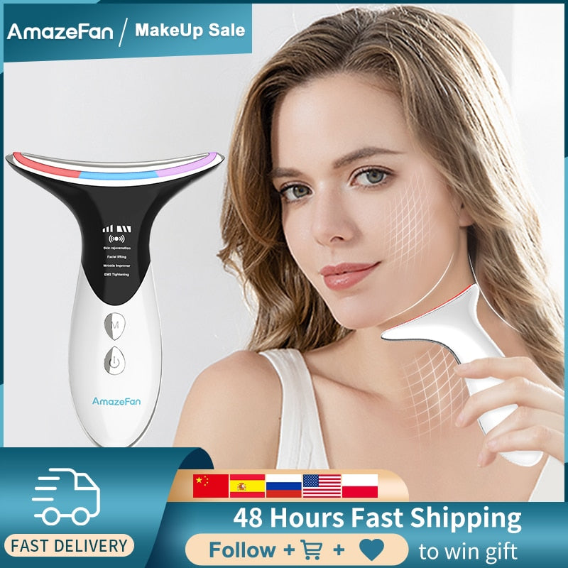 LED Photon Therapy Neck and Face Lifting Beauty Device - EMS Massager for Wrinkle Reduction - Moi...
