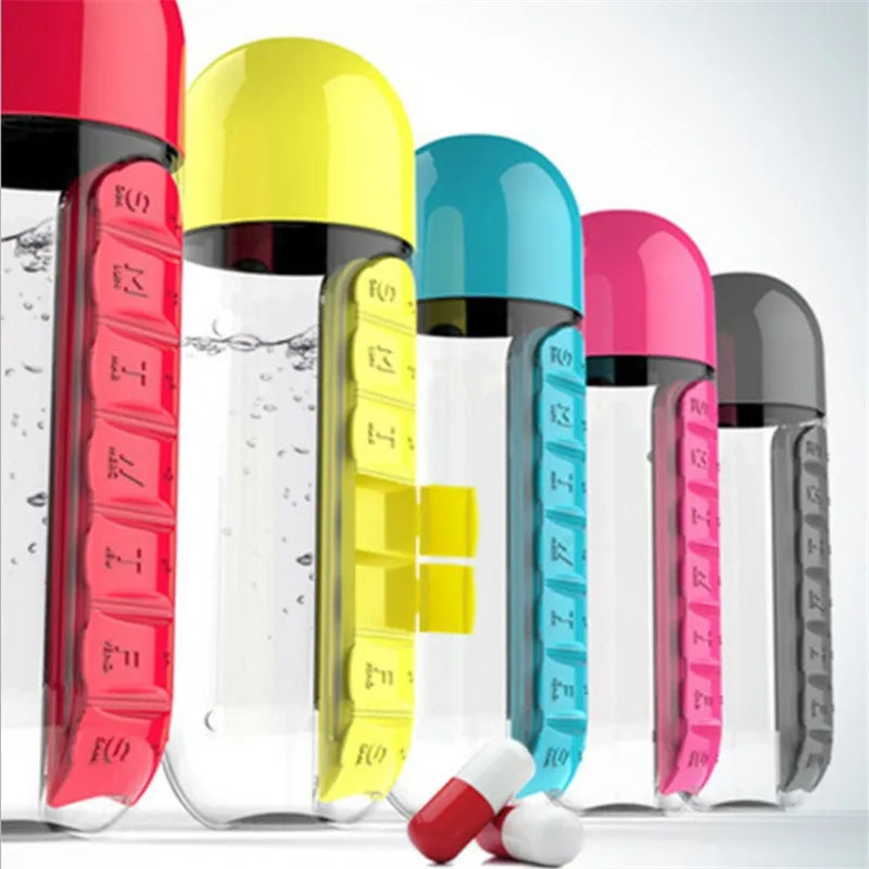 600ml Sports Water Bottle with Daily Pill Box - Convenient Seven-Day Organizer