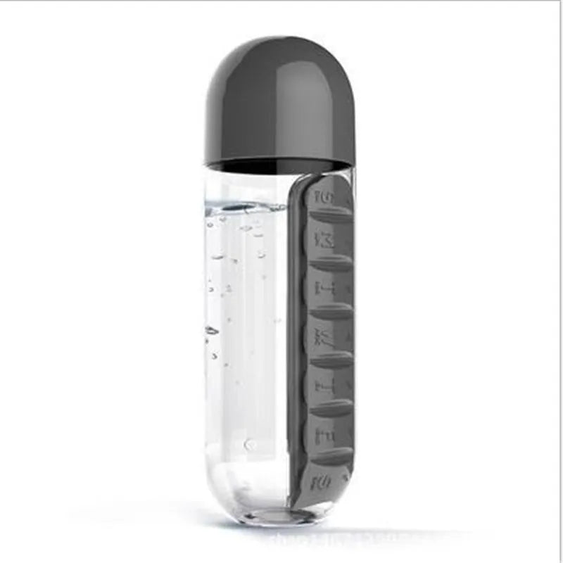 600ml Sports Water Bottle with Daily Pill Box - Convenient Seven-Day Organizer