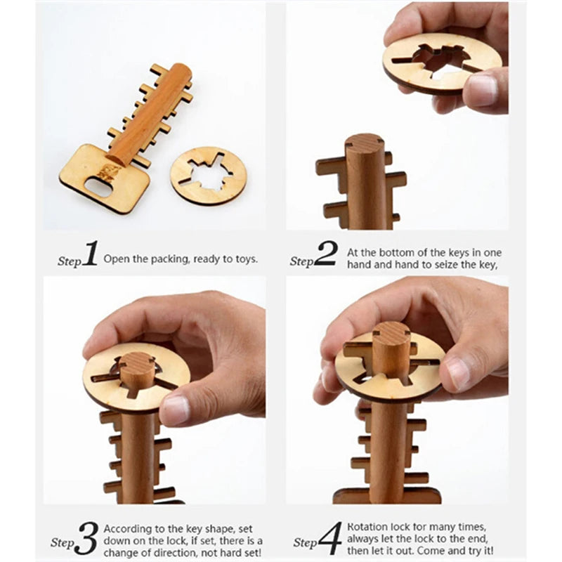 Wooden Unlock Puzzle Key Toy - Educational Brain Teaser