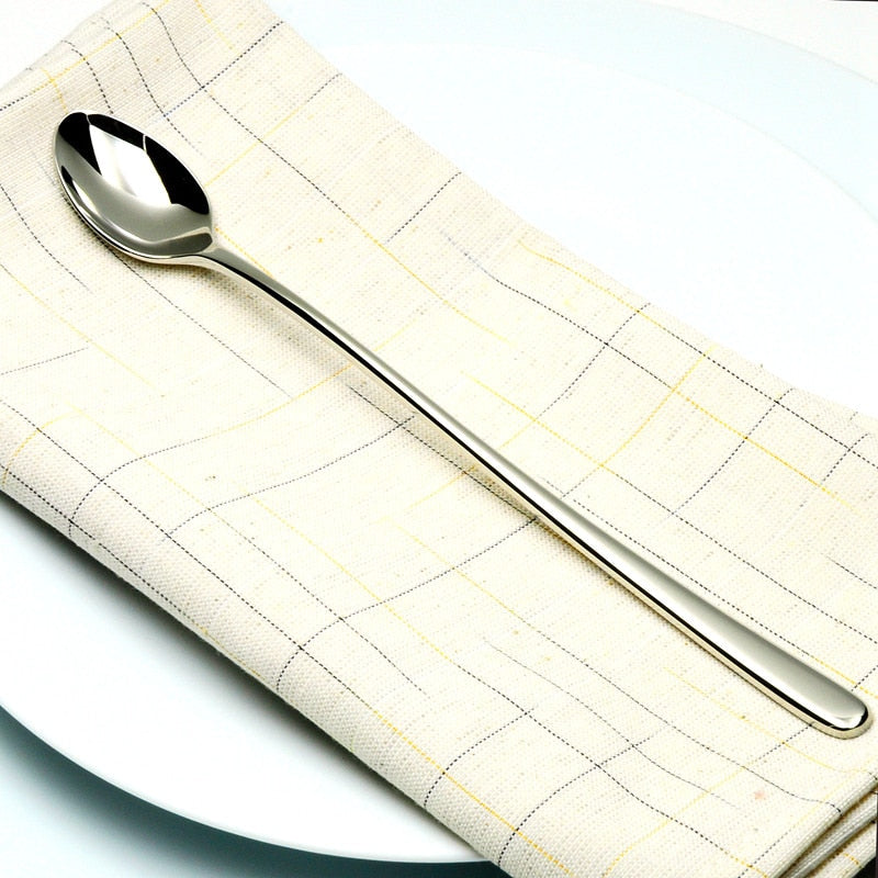 6-Piece Silver Stainless Steel Long Handle Spoon Set - European Tableware - 6 Pieces Spoons