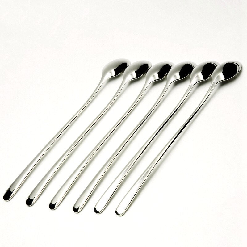 6-Piece Silver Stainless Steel Long Handle Spoon Set - European Tableware
