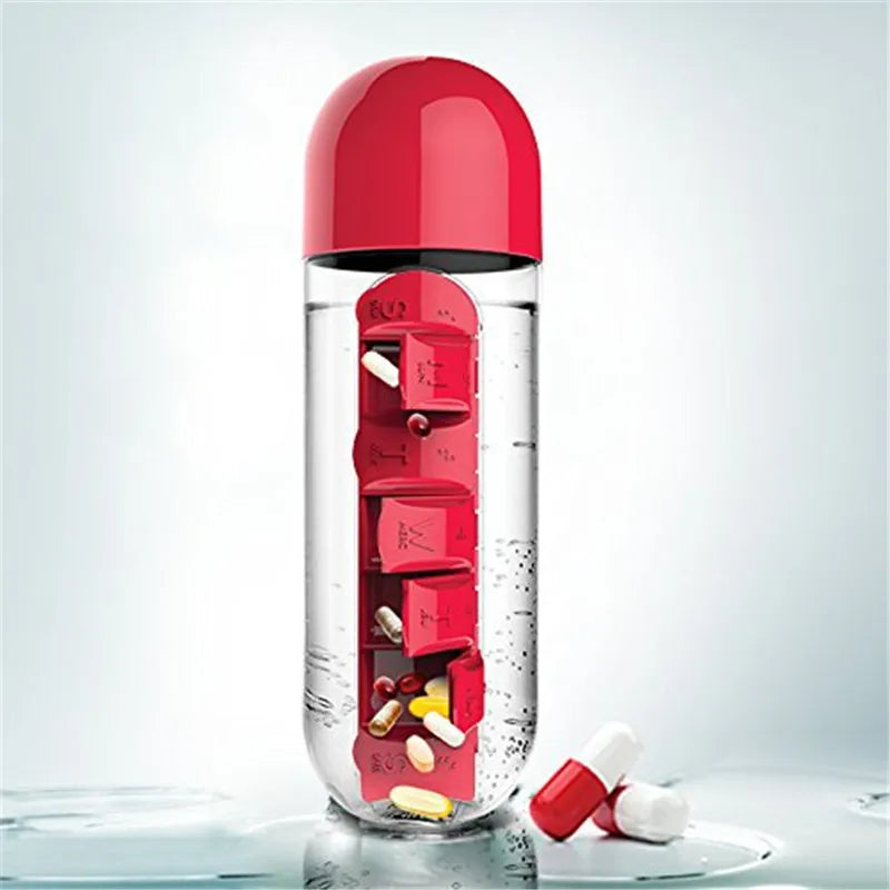 600ml Sports Water Bottle with Daily Pill Box - Convenient Seven-Day Organizer