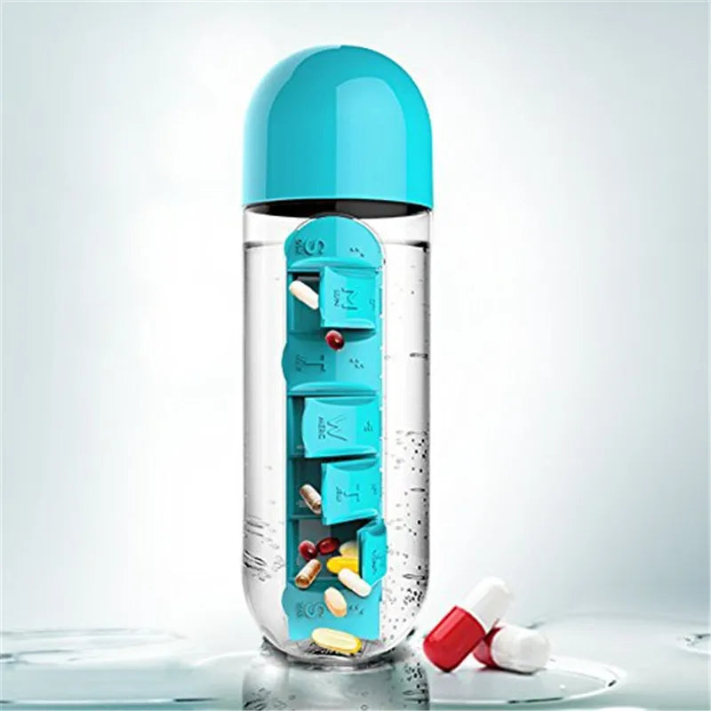 600ml Sports Water Bottle with Daily Pill Box - Convenient Seven-Day Organizer
