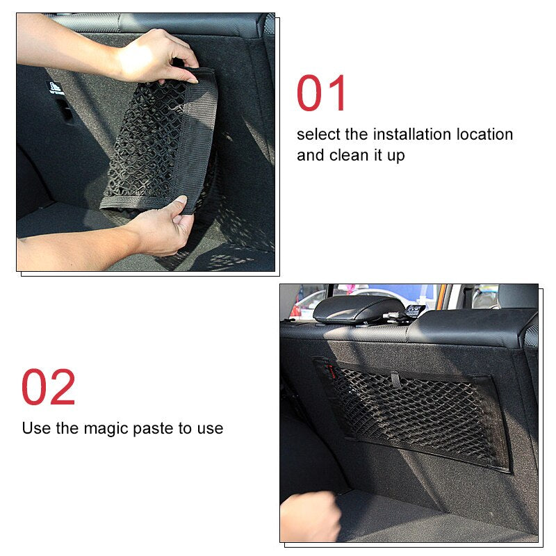 Car Rear Trunk Storage Net - Elastic Mesh Bag with Magic Sticker