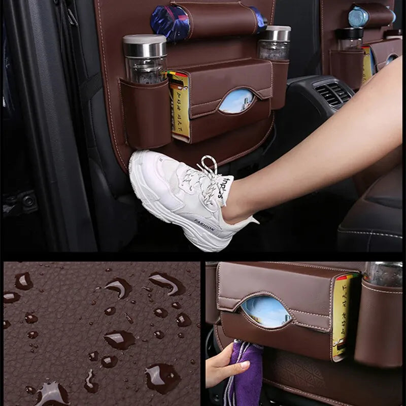 Foldable Table Tray Car Seat Back Organizer with PU Leather Storage