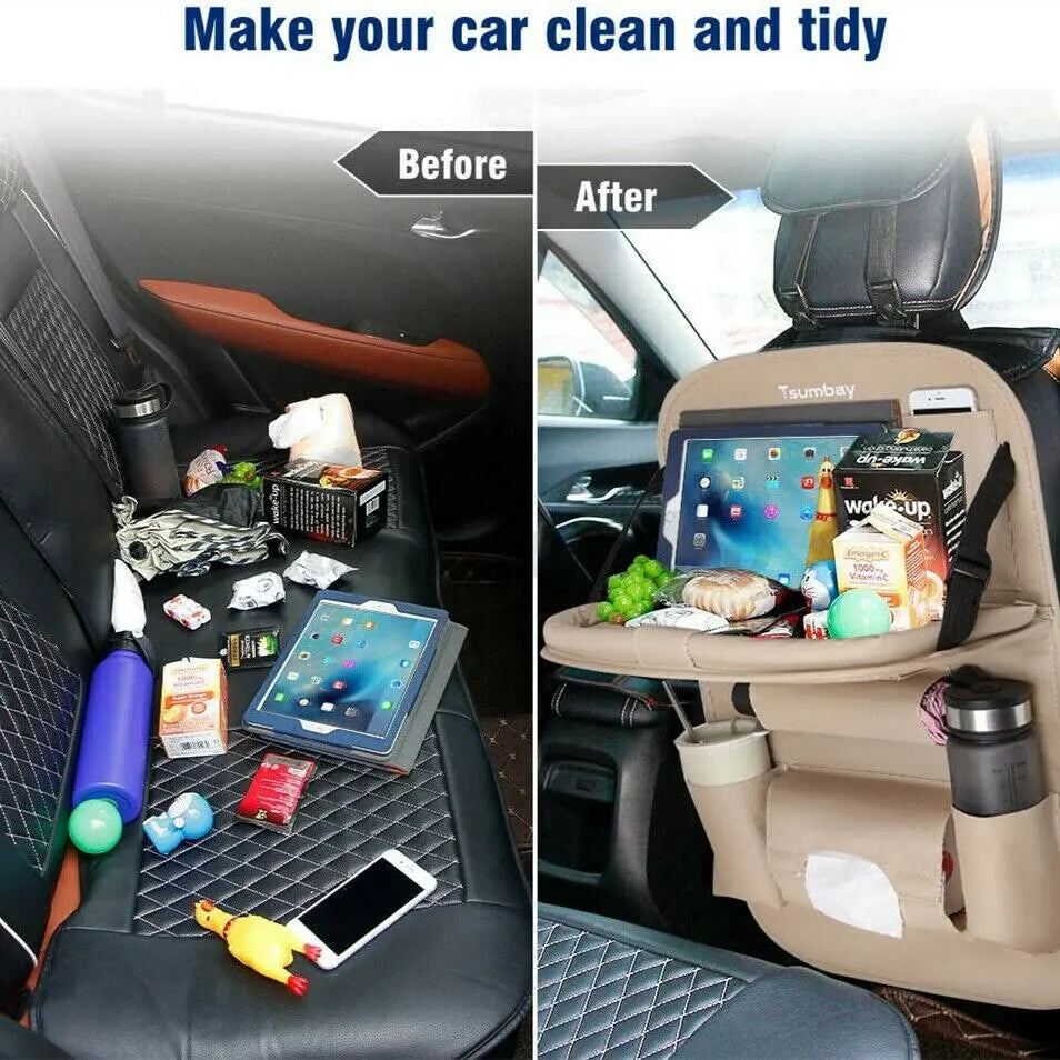 Foldable Table Tray Car Seat Back Organizer with PU Leather Storage