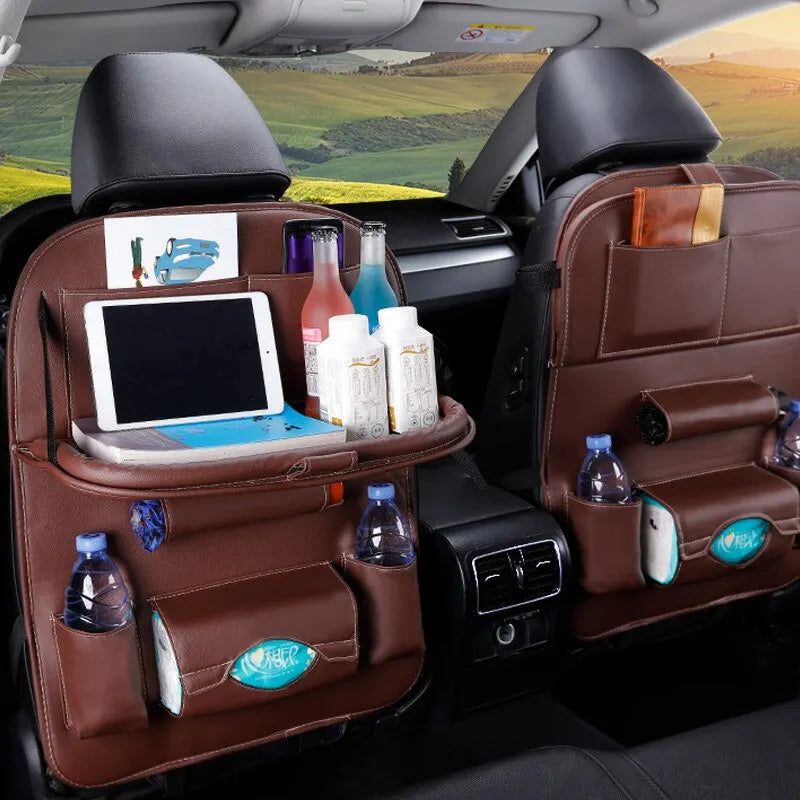 Foldable Table Tray Car Seat Back Organizer with PU Leather Storage