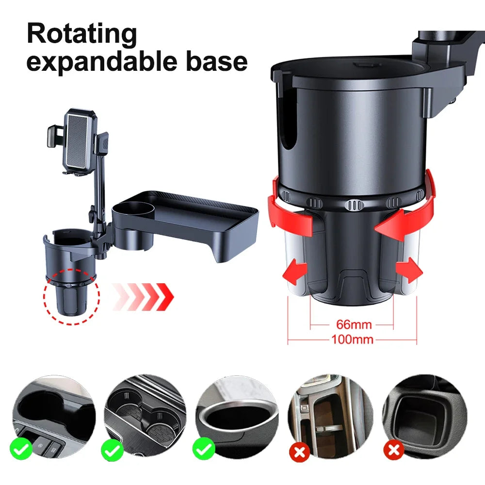 Dual Cup Holder Expander Tray with Phone Holder for Car Seats