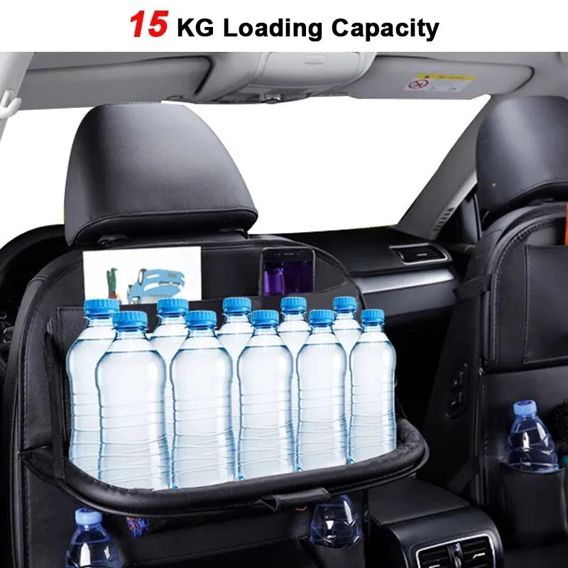 Foldable Table Tray Car Seat Back Organizer with PU Leather Storage
