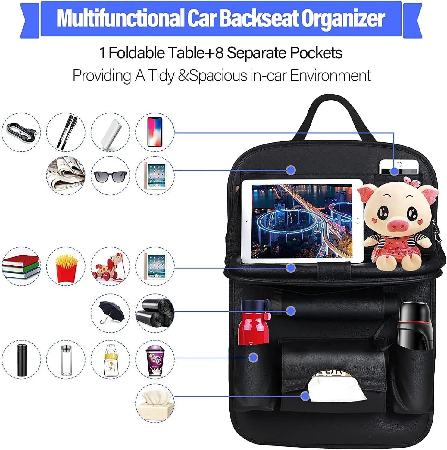 Foldable Table Tray Car Seat Back Organizer with PU Leather Storage