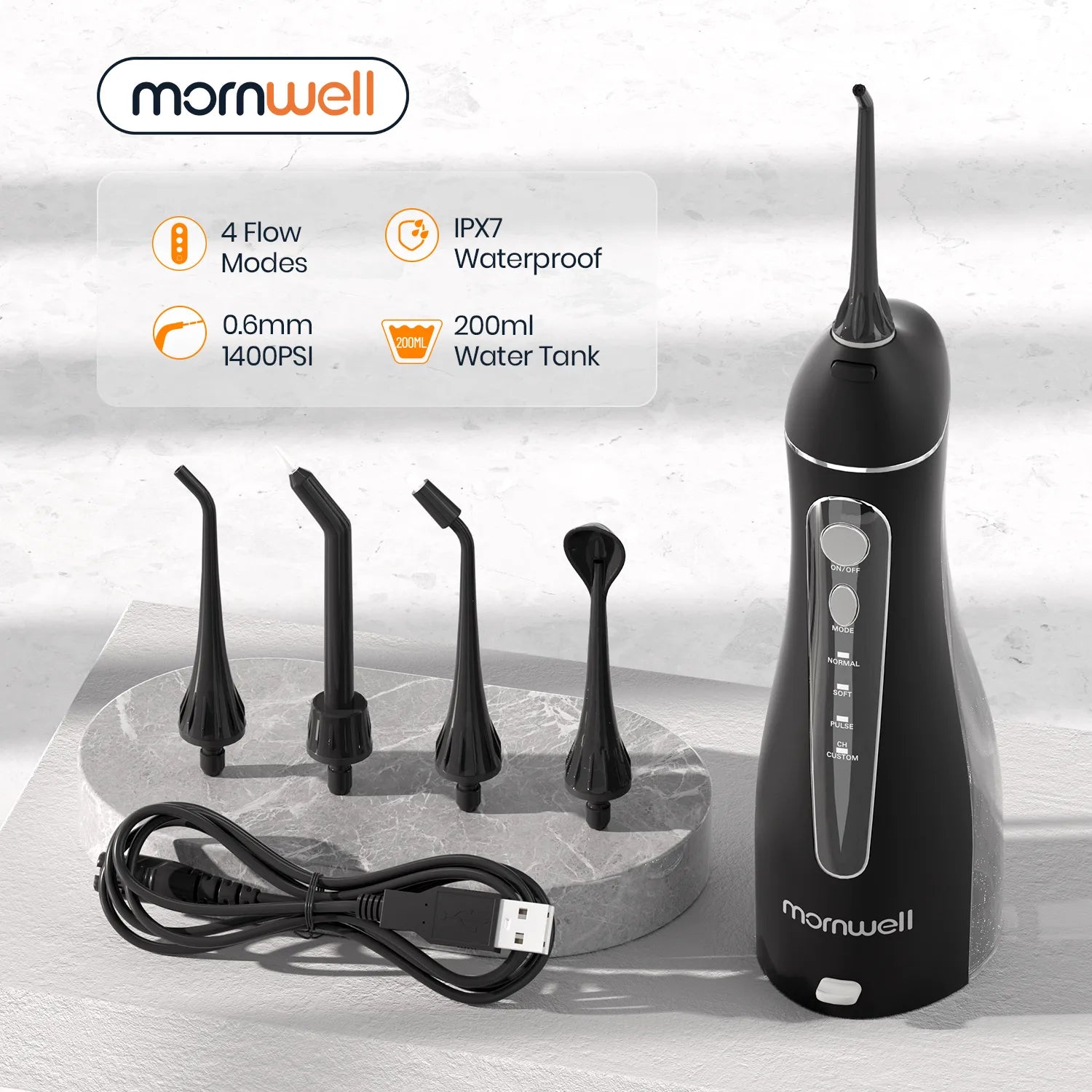 Mornwell Portable Oral Irrigator With FREE Travel Bag - Black
