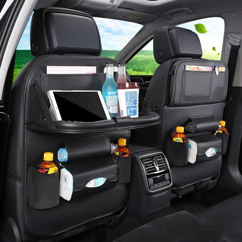 Foldable Table Tray Car Seat Back Organizer with PU Leather Storage