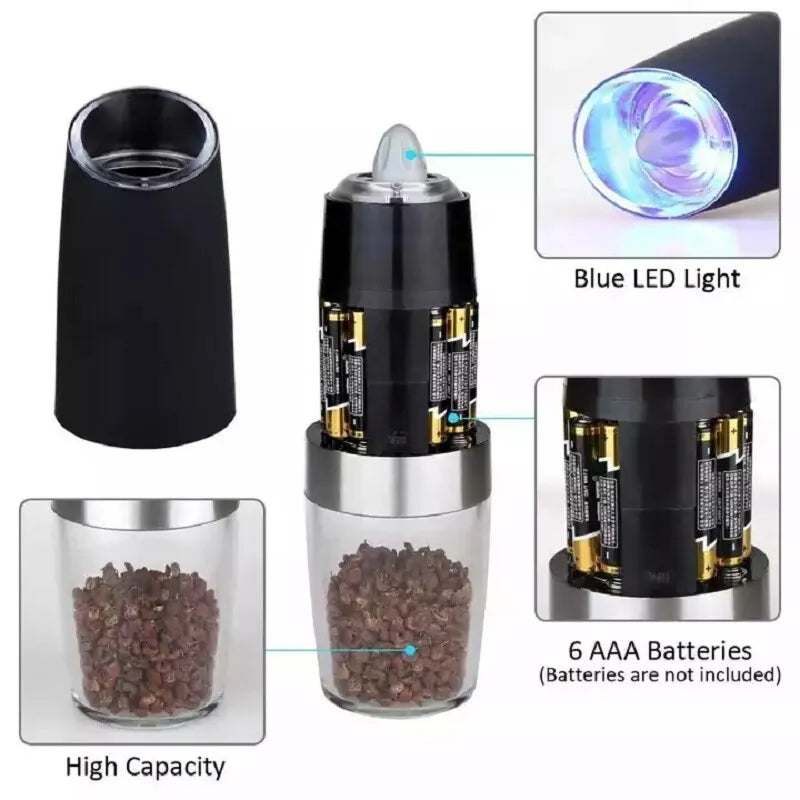Electric Gravity Salt and Pepper Grinder Set with Blue Light and Stand