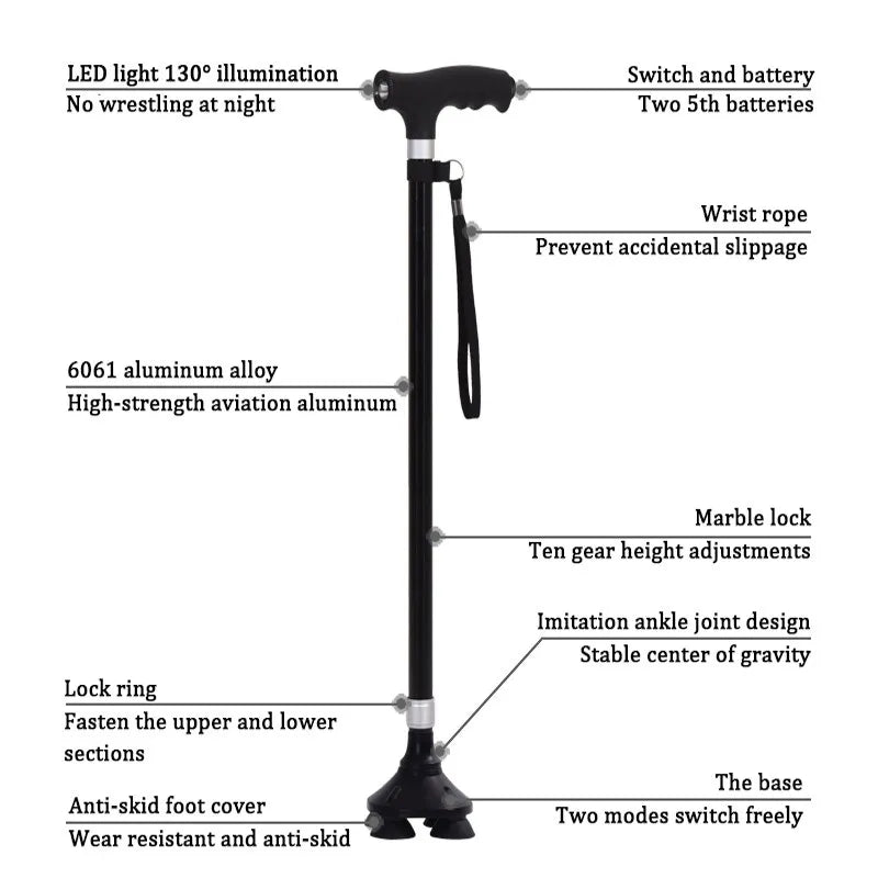 Retractable Aluminium Safety Walking Cane with LED Light for Elderly Men and Women