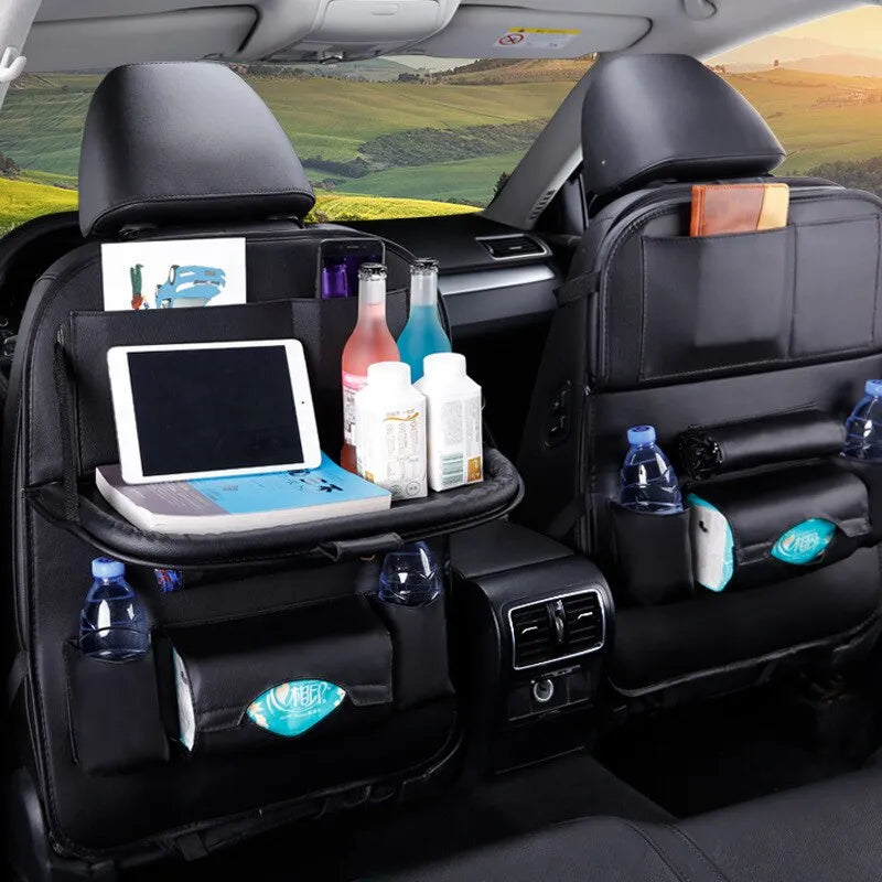 Foldable Table Tray Car Seat Back Organizer with PU Leather Storage