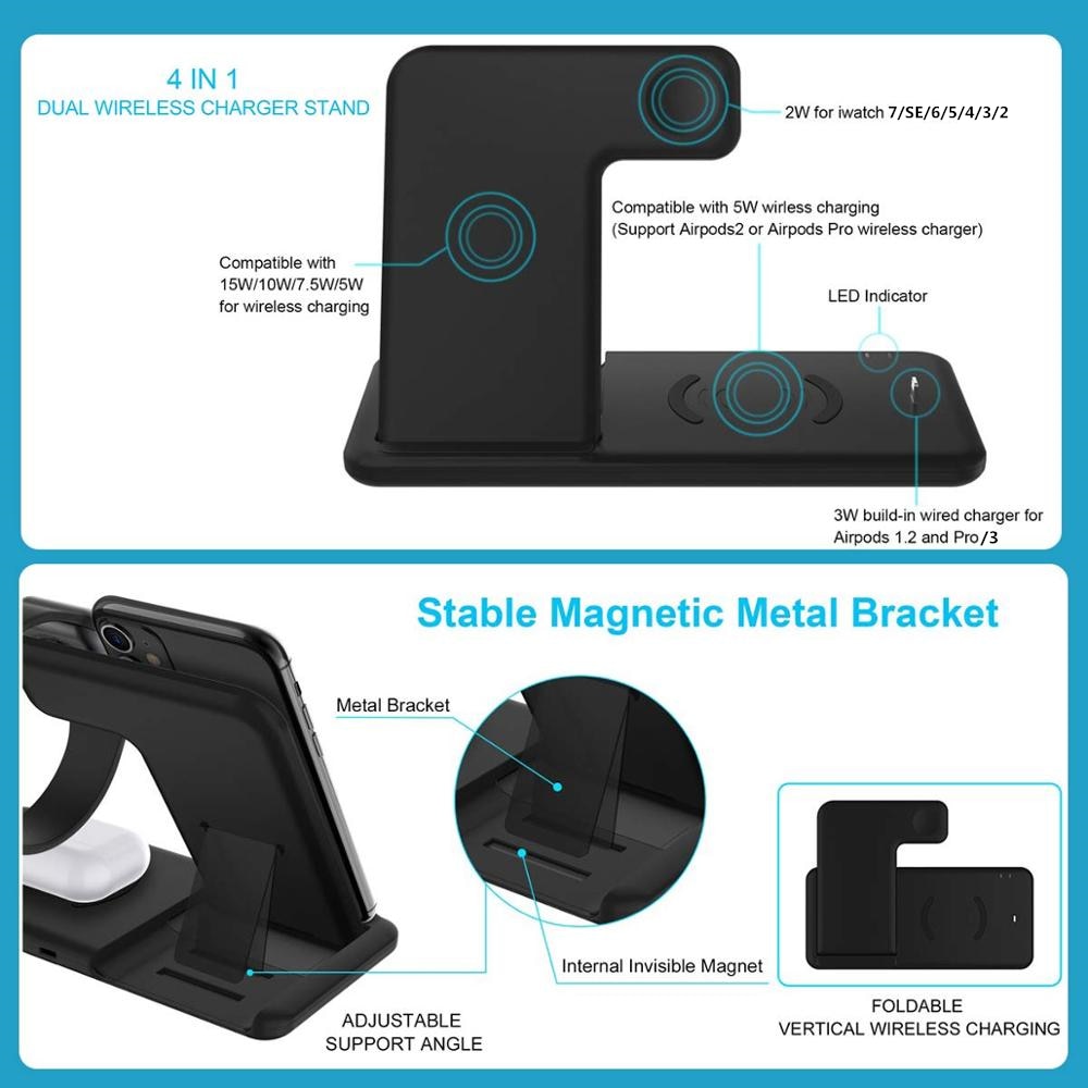 Foldable 4-in-1 Fast Wireless Charger Stand For iPhone 14, 13, 12, 11, 8, Apple Watches & AirPods...