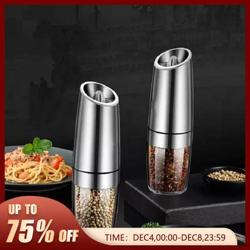 Electric Gravity Salt and Pepper Grinder Set with Blue Light and Stand