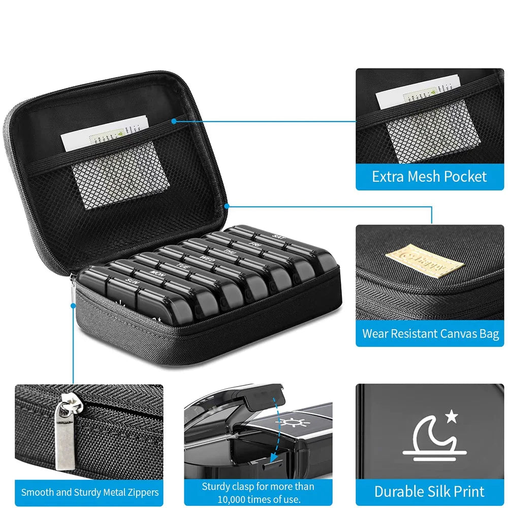 7-Day Pill Organizer - Portable Travel Box with Large Compartments for Medications