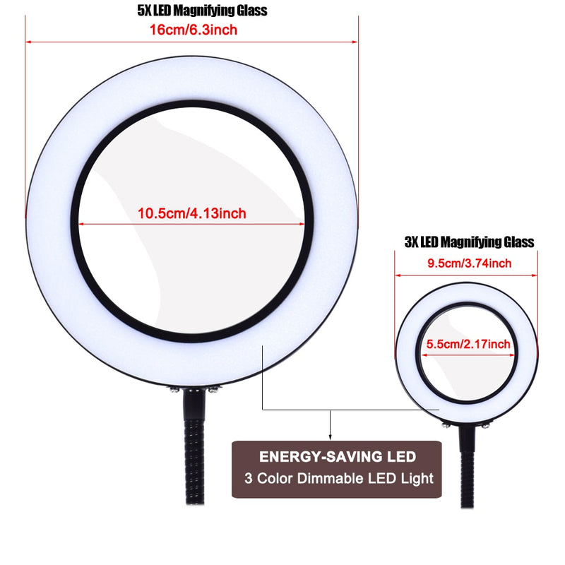 Flexible 5x Magnifier Table Top Desk Lamp - 3 Light Settings - USB - Black