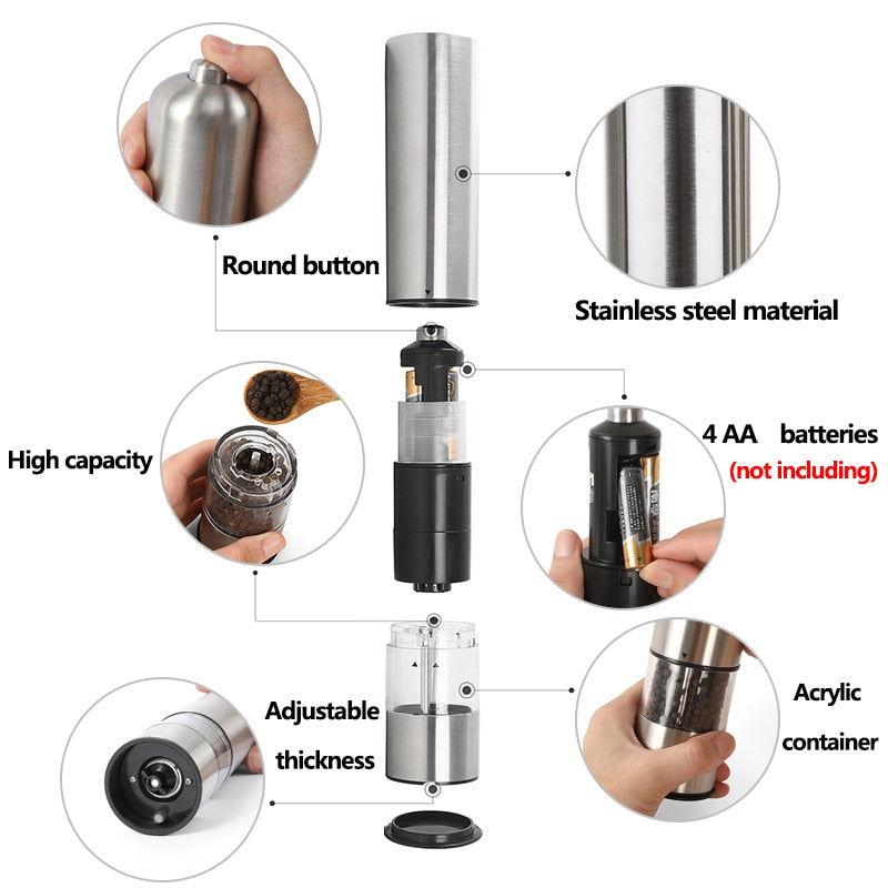 Stainless Steel Electric Salt and Pepper Mill - 2 Piece Set