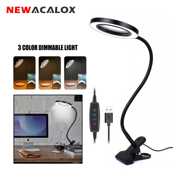 Flexible 5x Magnifier Table Top Desk Lamp - 3 Light Settings - USB - Black