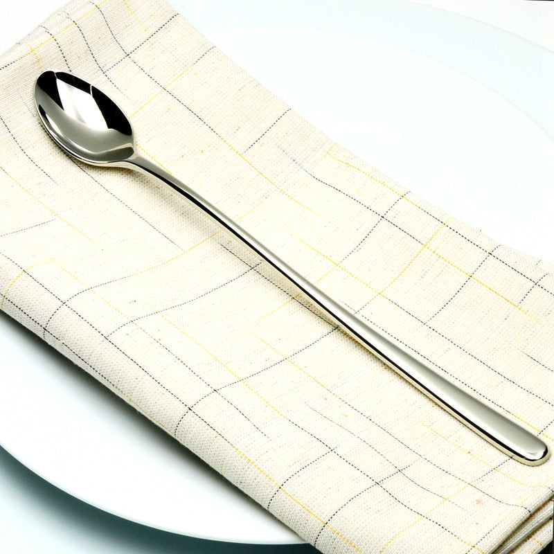 6-Piece Silver Stainless Steel Long Handle Spoon Set - European Tableware