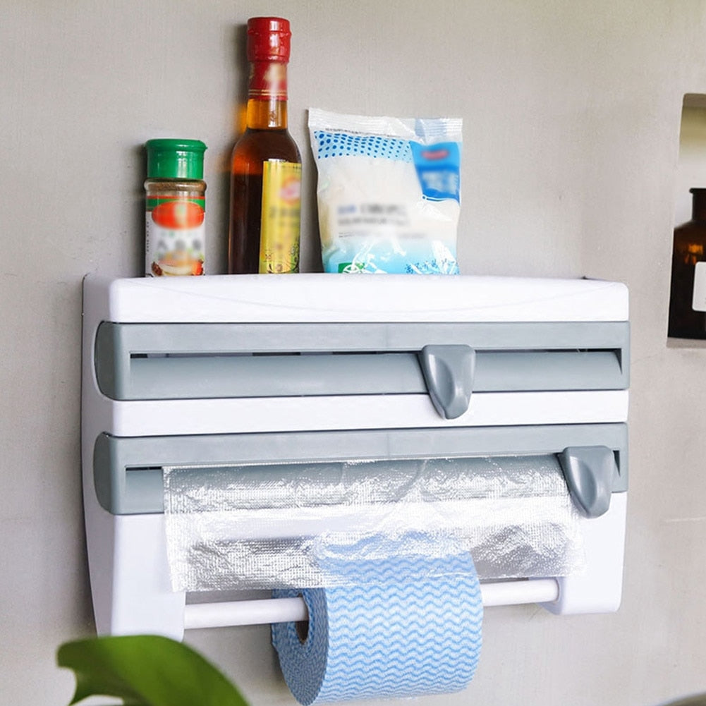 4-in-1 Kitchen Organizer - Paper Towel, Cling Film, Sauce Bottle, and Tin Foil Holder