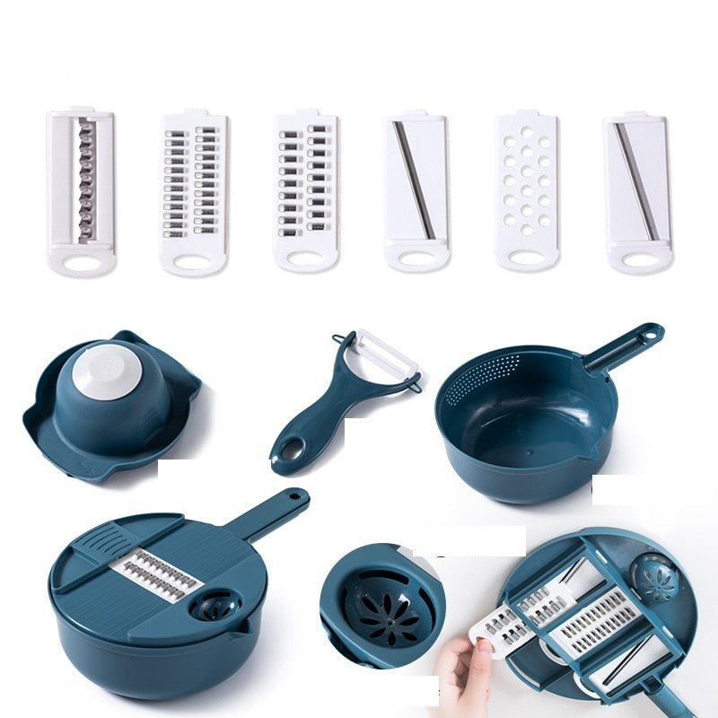 Multifunctional Mandolin Bowl - Vegetable Chopper, Manual Shredder, Slicer, Drainer, Julienne Slices