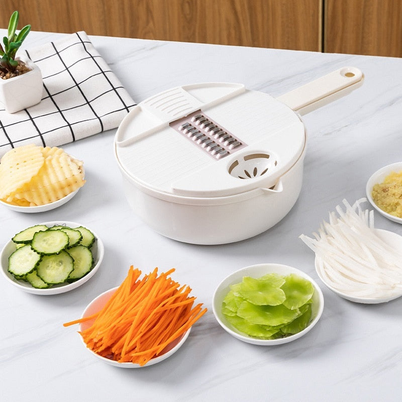 Multifunctional Mandolin Bowl - Vegetable Chopper, Manual Shredder, Slicer, Drainer, Julienne Slices