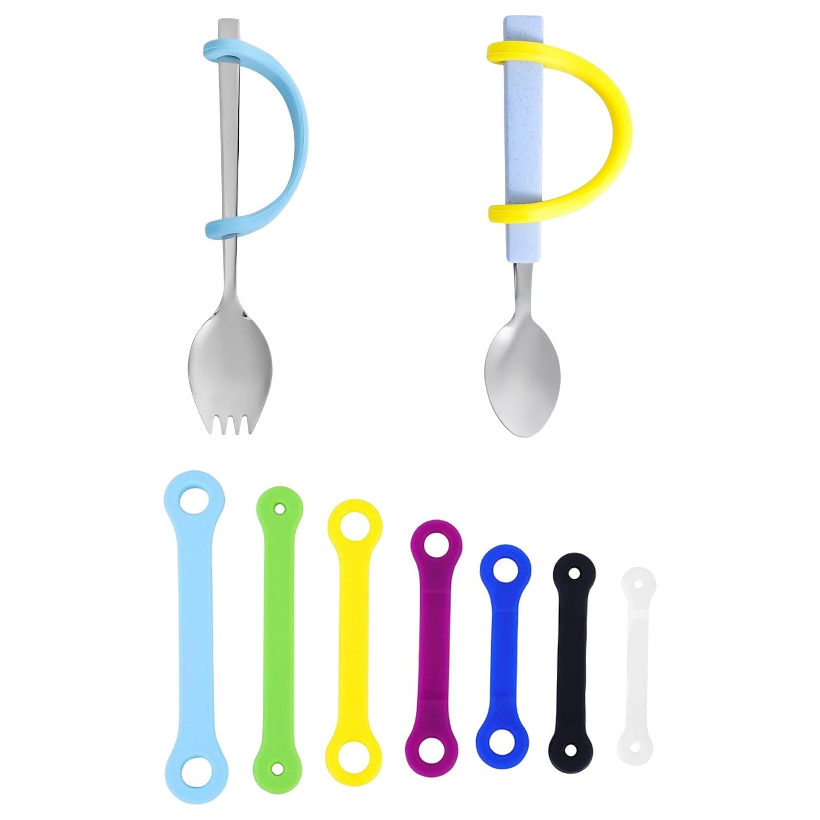 Strap-On Anti-Shake Eating Aid for Cutlery - Silicone Eating Tool Attachment - Set of 7 Straps