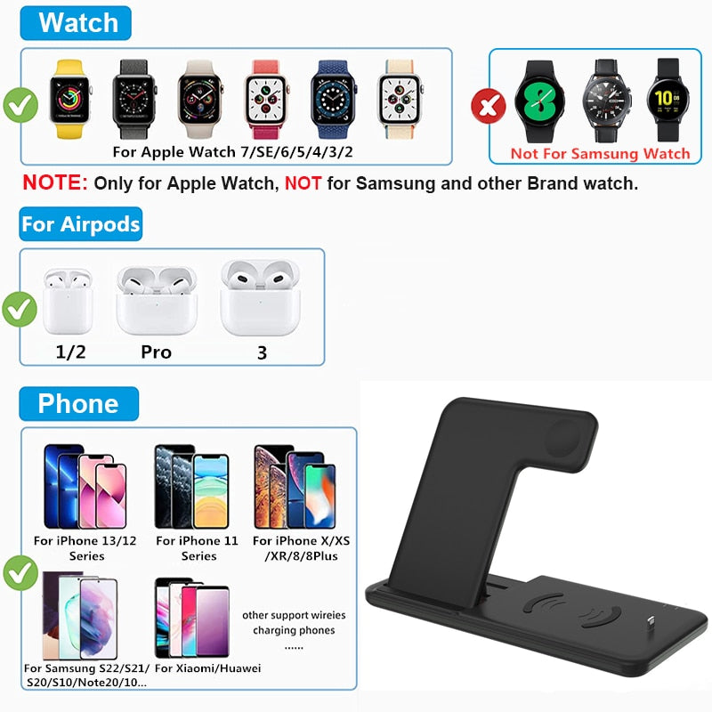 Foldable 4-in-1 Fast Wireless Charger Stand For iPhone 14, 13, 12, 11, 8, Apple Watches & AirPods Pro